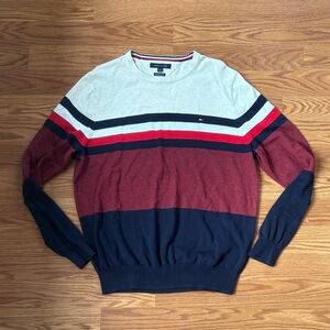 Tommy Hilfiger Men's Red Blue Stripe Crewneck Sweater Large Americana Classic